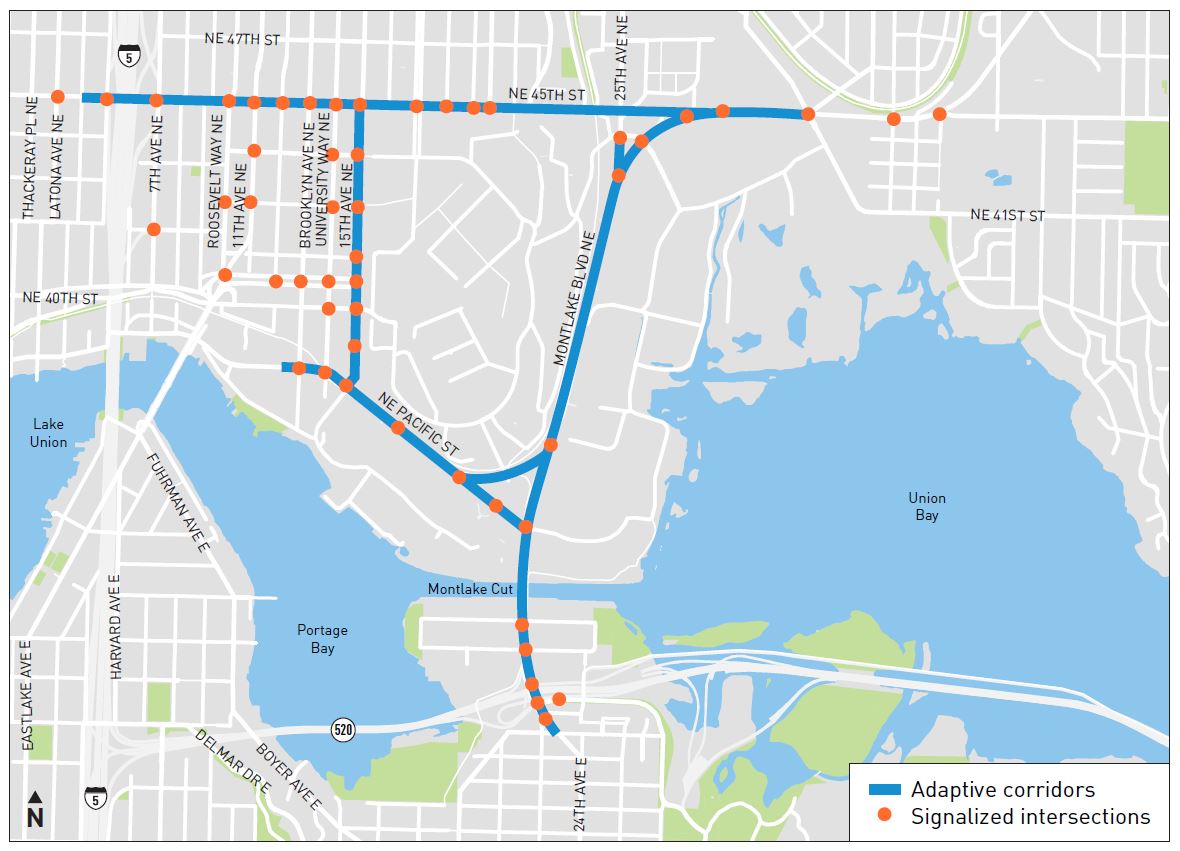 Map showing location of traffic signals in the U District that will be updated during this project.