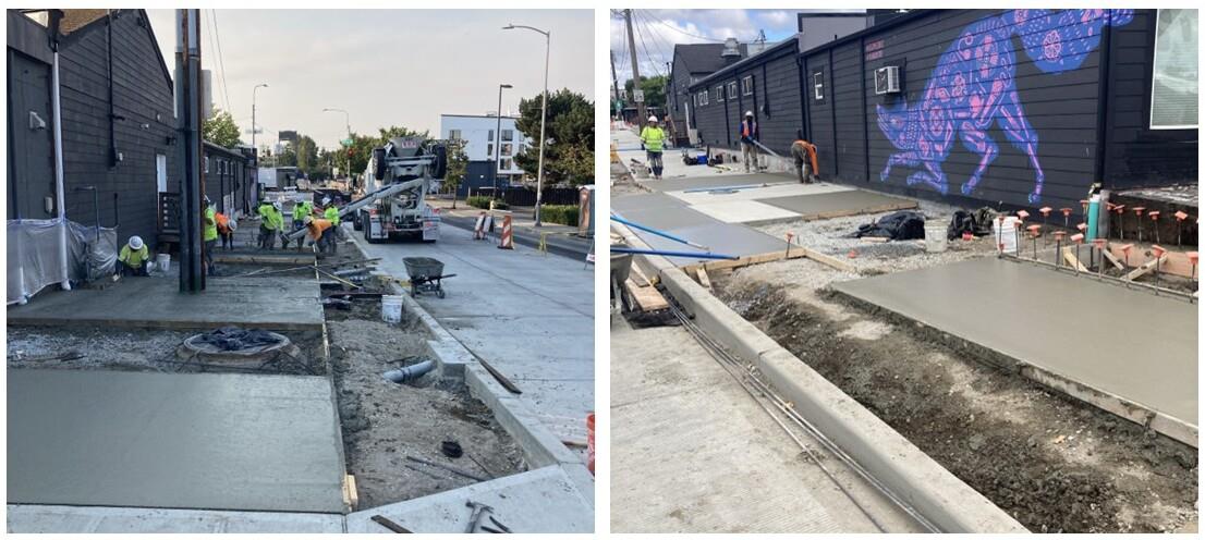 Two images of contractor's crew pouring new sidewalk on the east side of 30th Ave NE