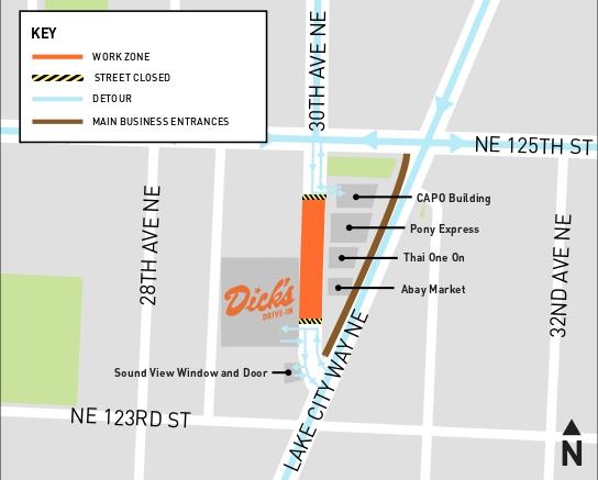 Construction detour map of 30th Ave NE showing middle of the block closed and local access only at north and south end of the block.