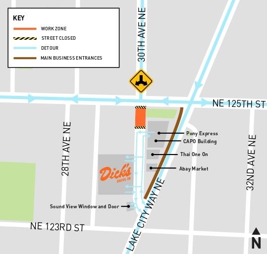 Local access detour from Lake City Way NE to 30th Ave NE; access at NE 125th St is closed.