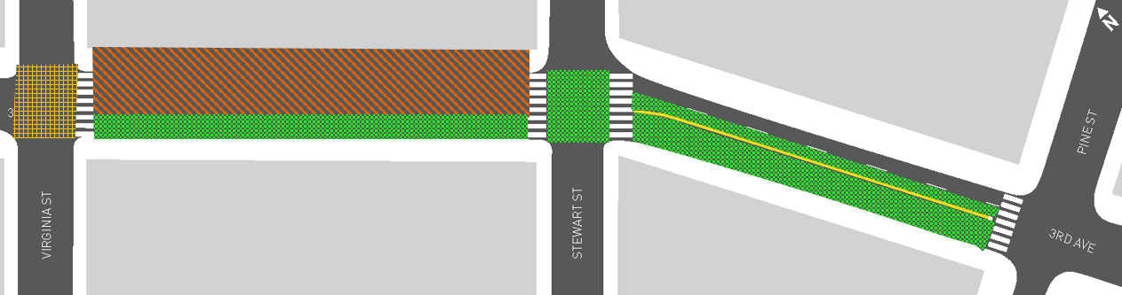 Map of 3rd Ave between Pine and Virginia Street, with green crosshatch lines showing completed paving, orange hatch lines for our active work zone, and yellow grid lines where complete closures in the Virginia St intersection