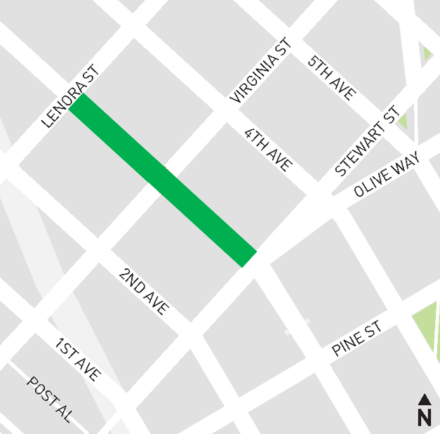 Graphic map of 3rd Ave, with a solid green line where paving occurred