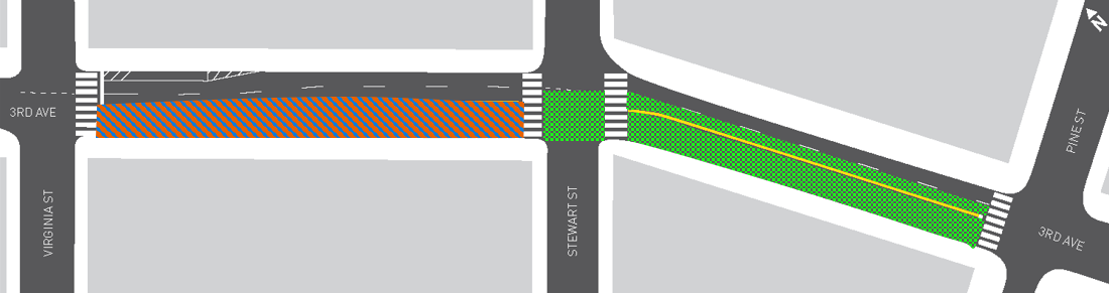 Orange and Blue crosshatching shows the area where concrete panels will be demolished and repoured on 3rd Ave between Stewart St and Virginia St.