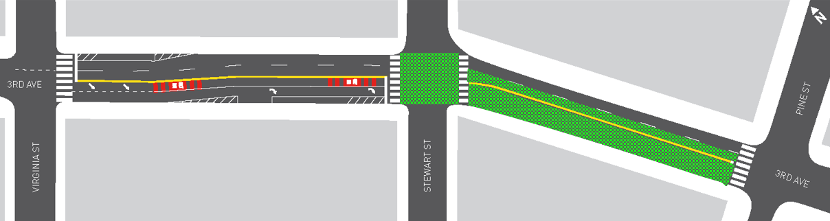 Map of the project area with green crosshatching lines showing where 3rd Ave has been successfully repaved as of this update