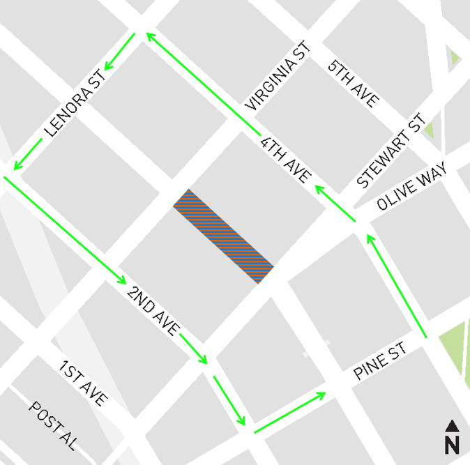 Map of 3rd Ave area, with blue and orange lines in the work zone and green arrows showing detour routes