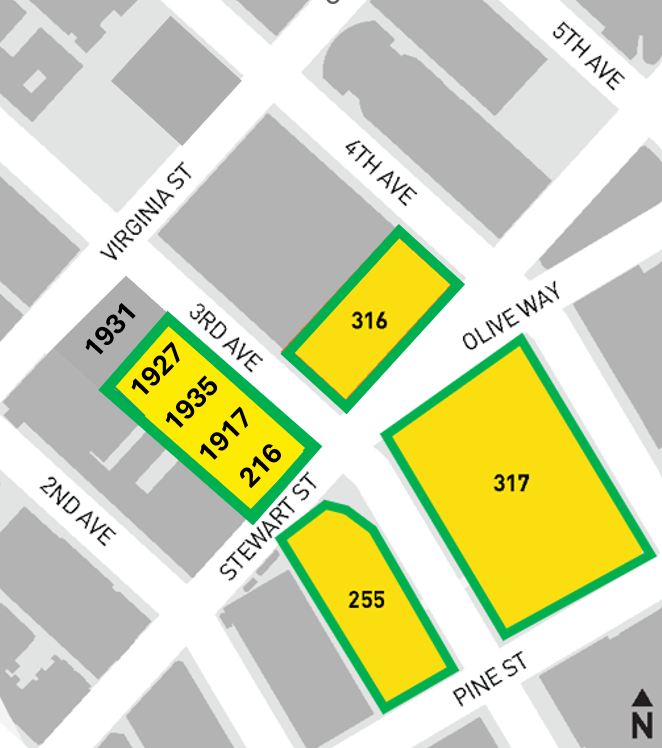  Map of the 3rd Ave project area with affected buildings highlighted in yellow with a green border