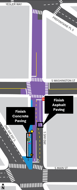 A map of the 3rd Ave S and S Main St project area in Pioneer Square, complete with black text boxes showing where construction will occur over the next week