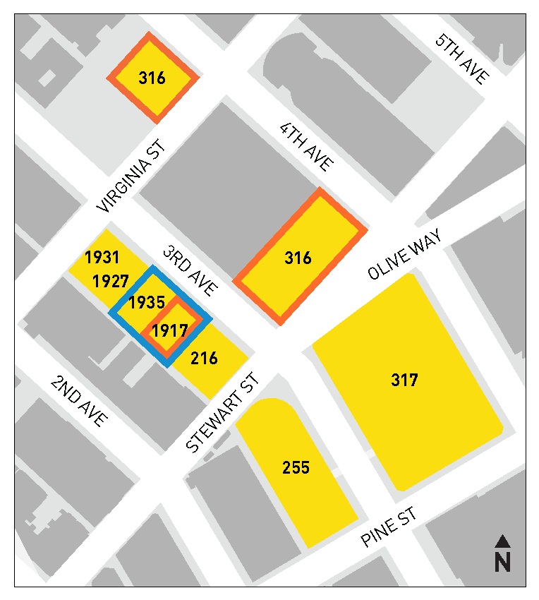 Map of 3rd Ave, with yellow, orange, and blue squares