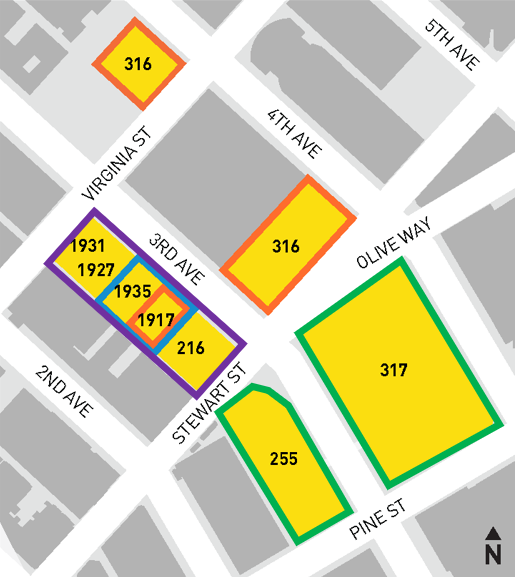 Map of 3rd Ave between Virginia and Pine St., showing where water main shutoffs will occur