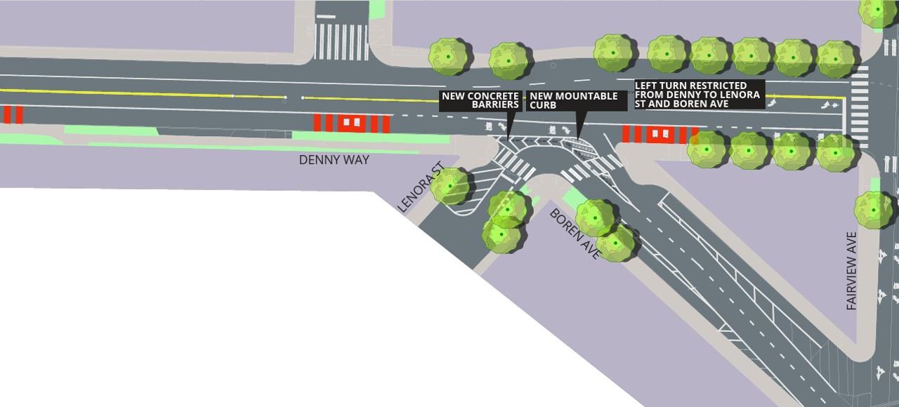 Map showing Denny Way, Lenora St and Boren Ave reconfiguration as described in "Phase 2 - East" section