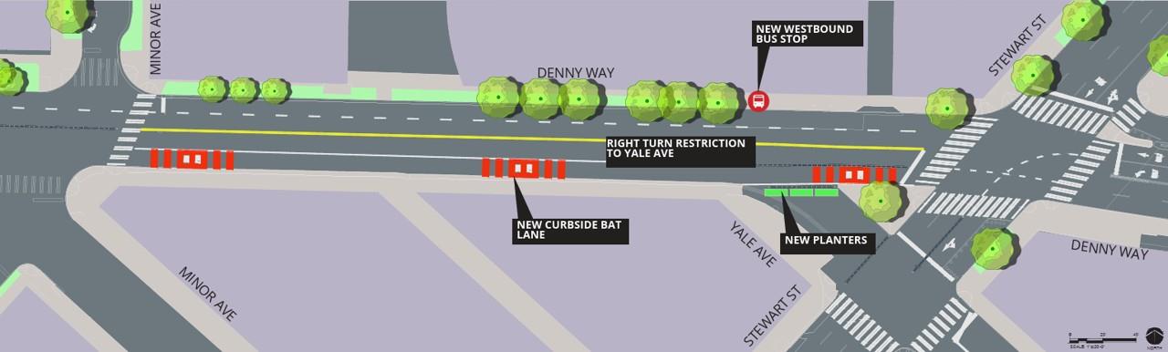A map showing new street design from Minor Ave to Stewart St as described in "Phase 2 East" section