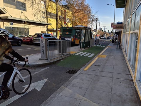 The raised bike lanes at bus stops will be similar to the new bike lanes on NE 65th St