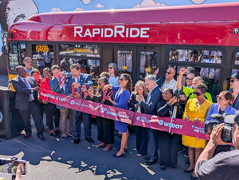 Mayor Harrell, elected officials, agency staff, and community partners cut the ribbon on the RapidRide G Line - Madison St project in Capitol Hill.