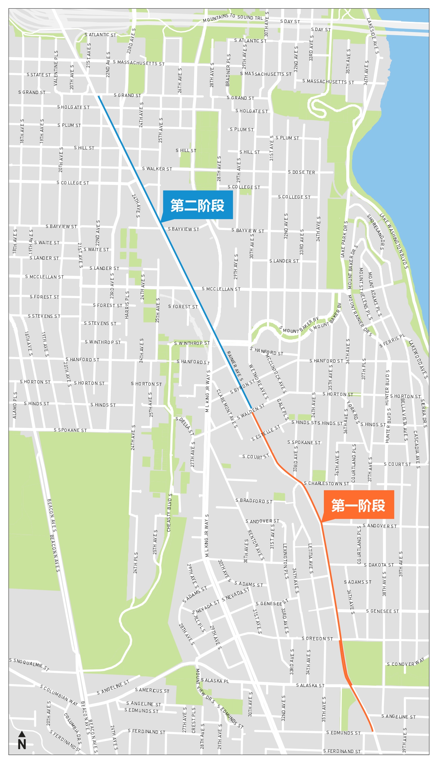 Rainier Ave S 公交专用车道的项目区域地图，第一阶段和第二阶段沿 Rainier Ave S 上行标示。