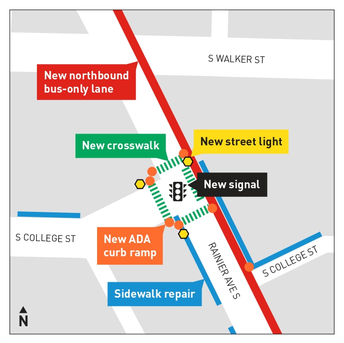 Close up map showing new safety improvements at Rainier Ave S and S College St.