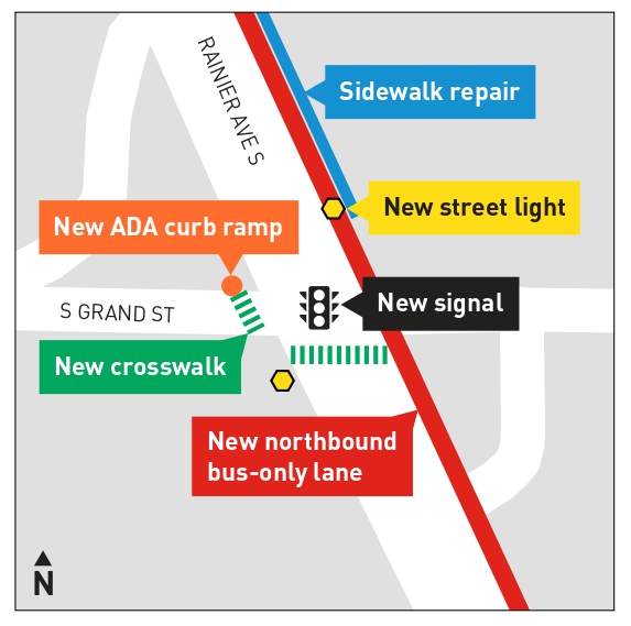 Close up map showing new safety improvements at Rainier Ave S and S Grand St.
