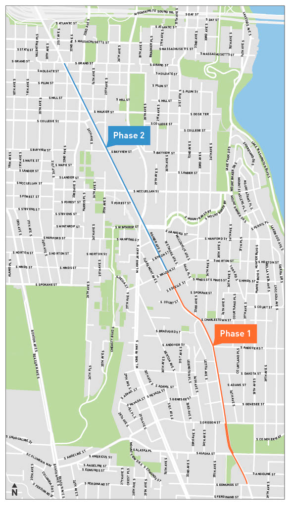 A project area map for the Rainier Ave S Bus-Only Lane, showing Phase 1 and 2 going up Rainier Ave S.