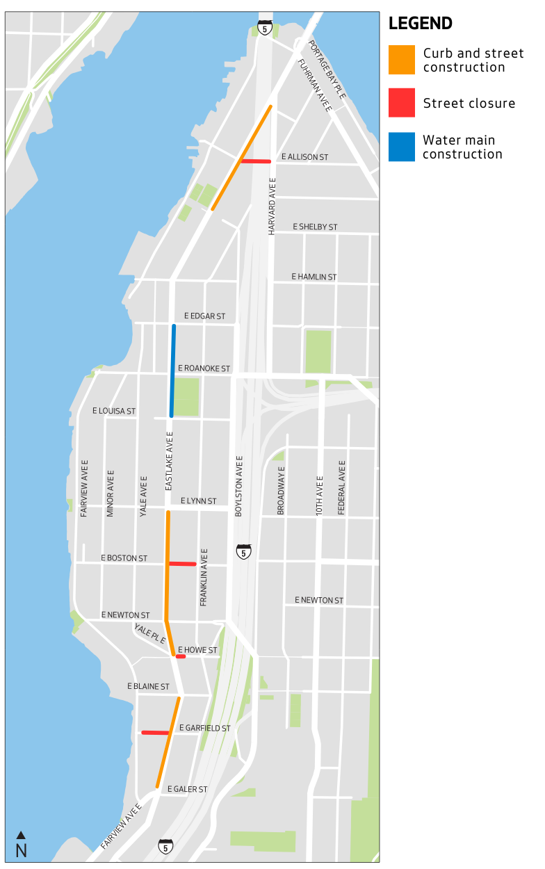 Map of construction work along Eastlake Ave E