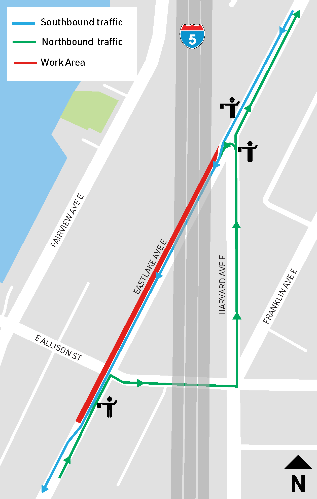 Map shows detour from Eastlake Ave E onto E Allison St