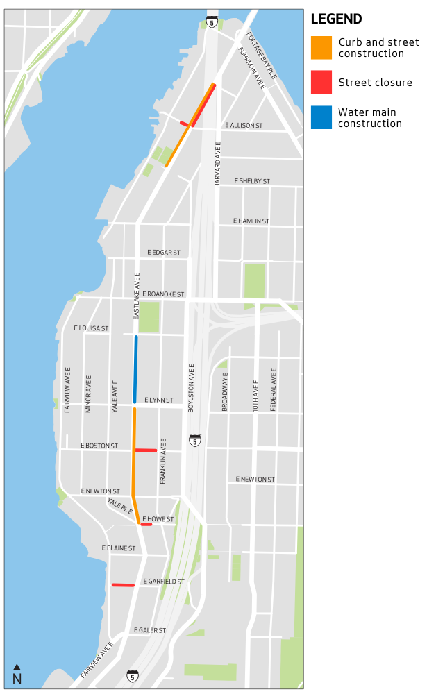 Map of construction work along Eastlake Ave E
