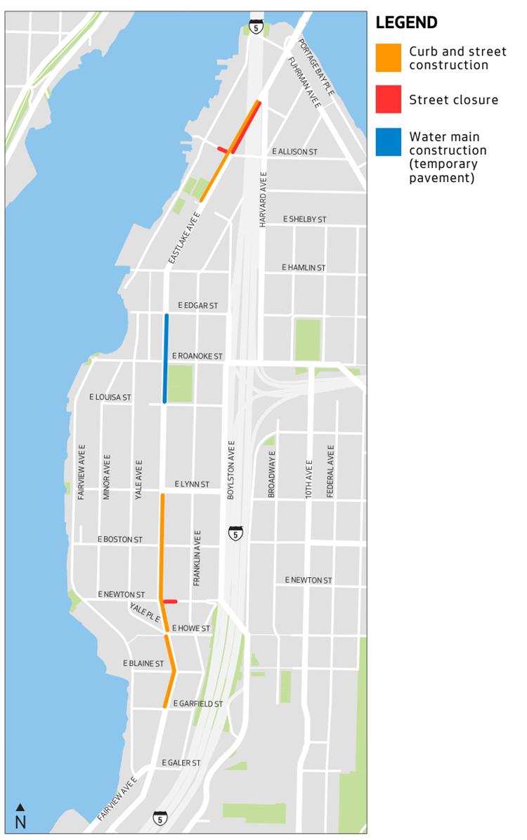 Map of construction work along Eastlake Ave E