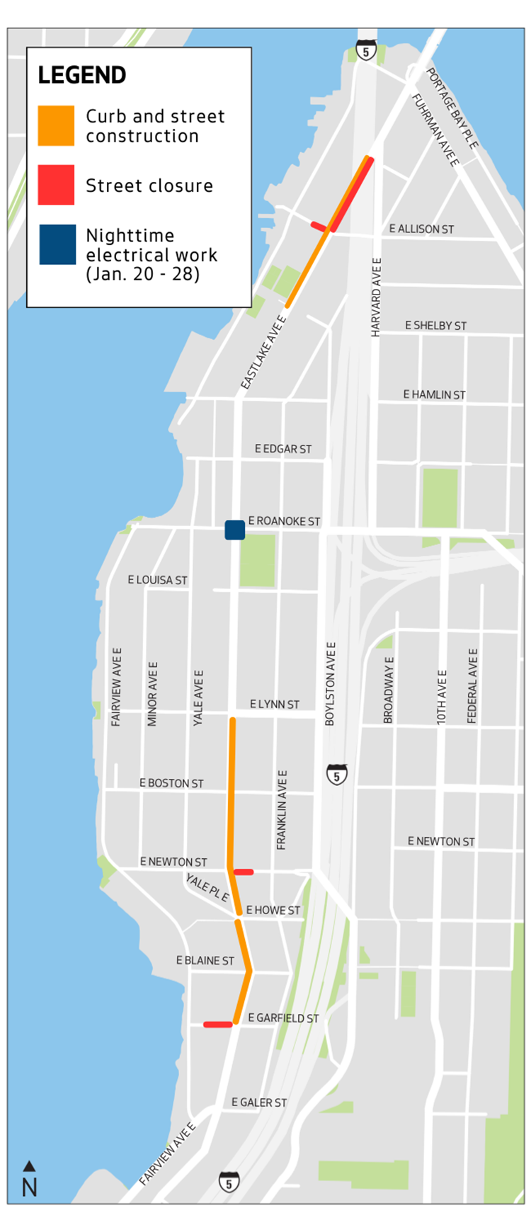 Map of construction work along Eastlake Ave E