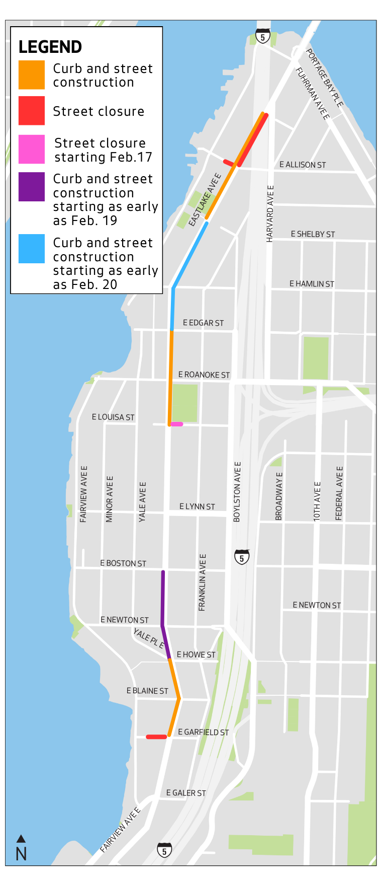 Map of construction work along Eastlake Ave E