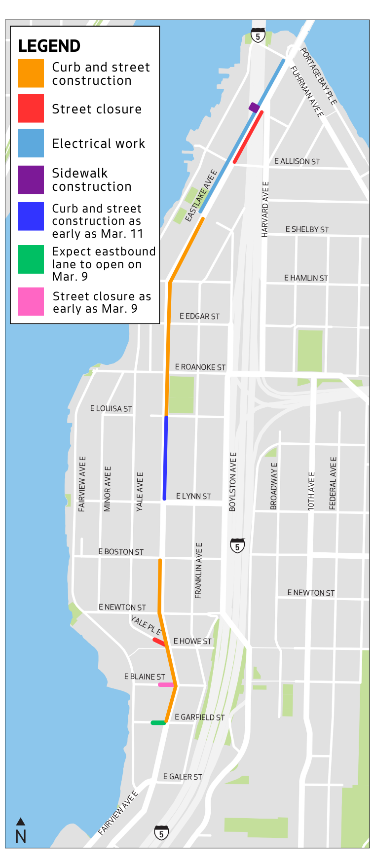 Map of construction work along Eastlake Ave E
