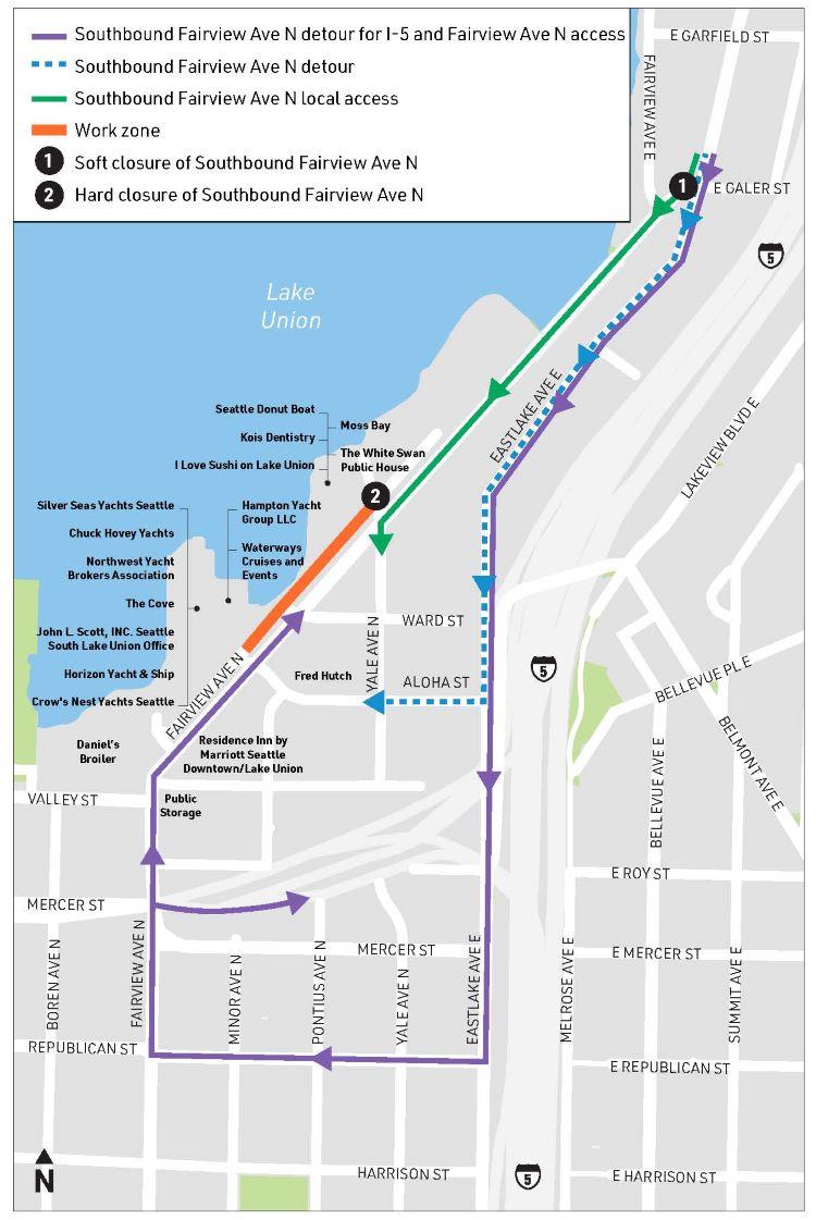Map shows southbound detour of traffic from Fairview Ave N onto Eastlake Ave E. 
