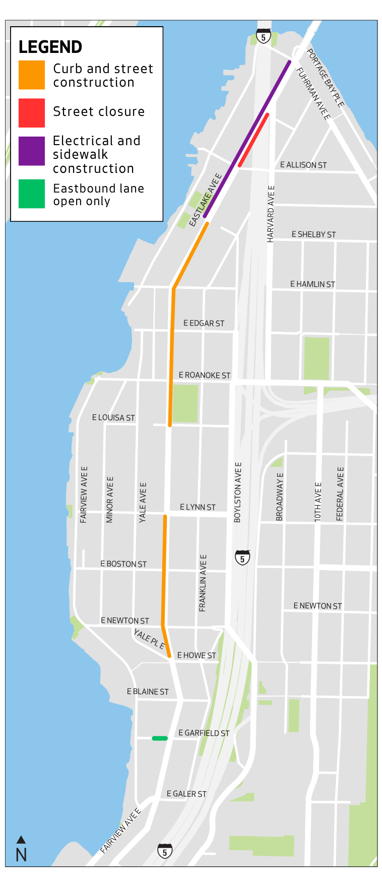 Map of construction work along Eastlake Ave E