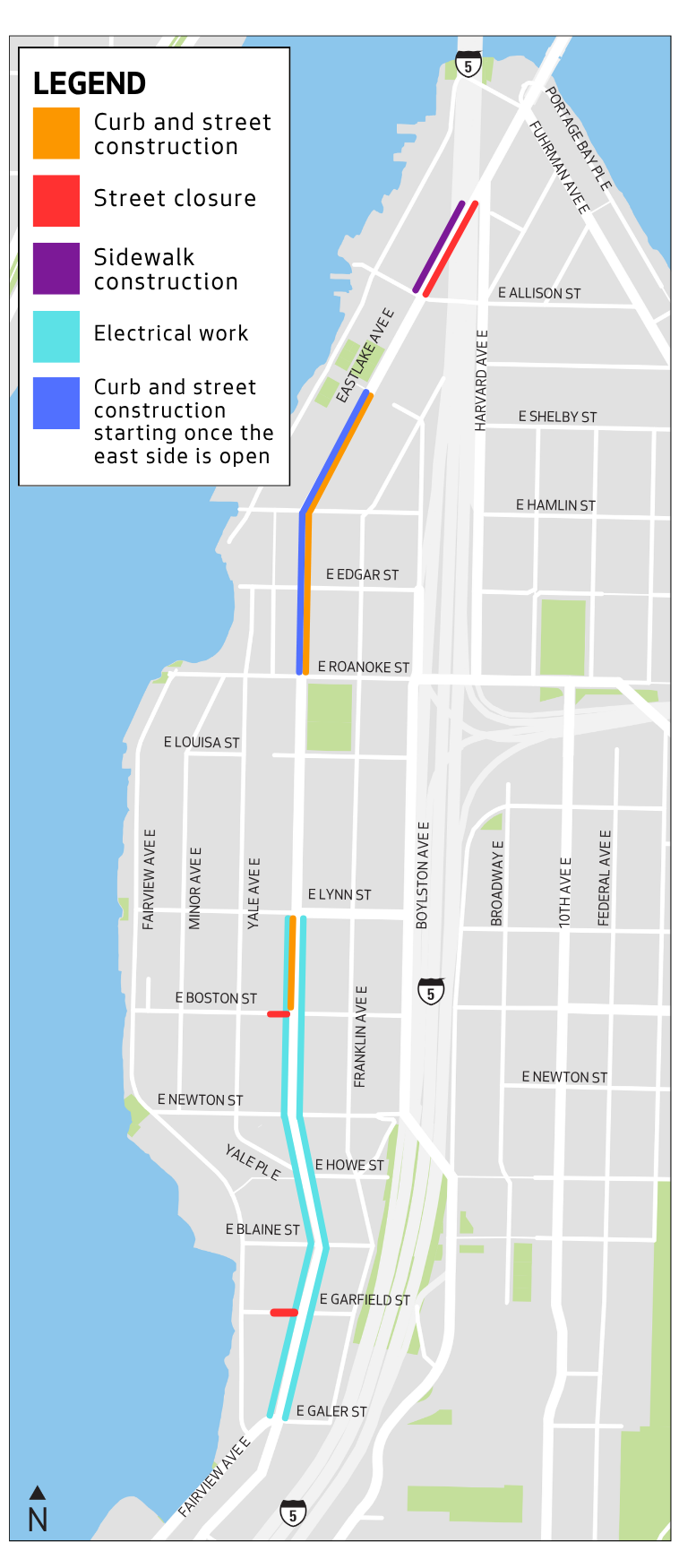 Map of construction work along Eastlake Ave E