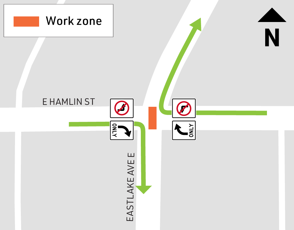 map shows road work at the Eastlake Ave E and E Hamlin St intersection