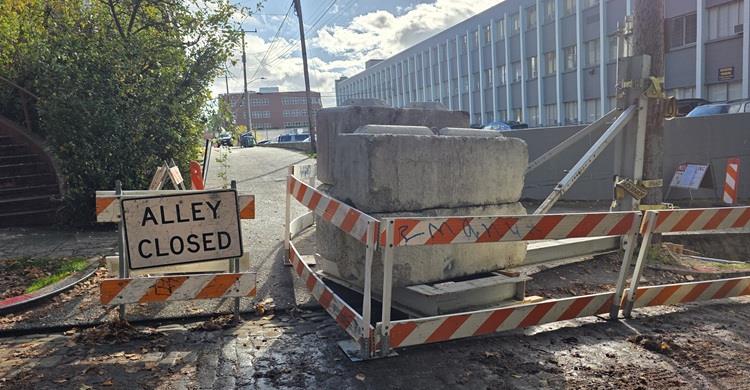 Image shows the area near E Lynn St where we are constructing a new bus station and upgrading sidewalks