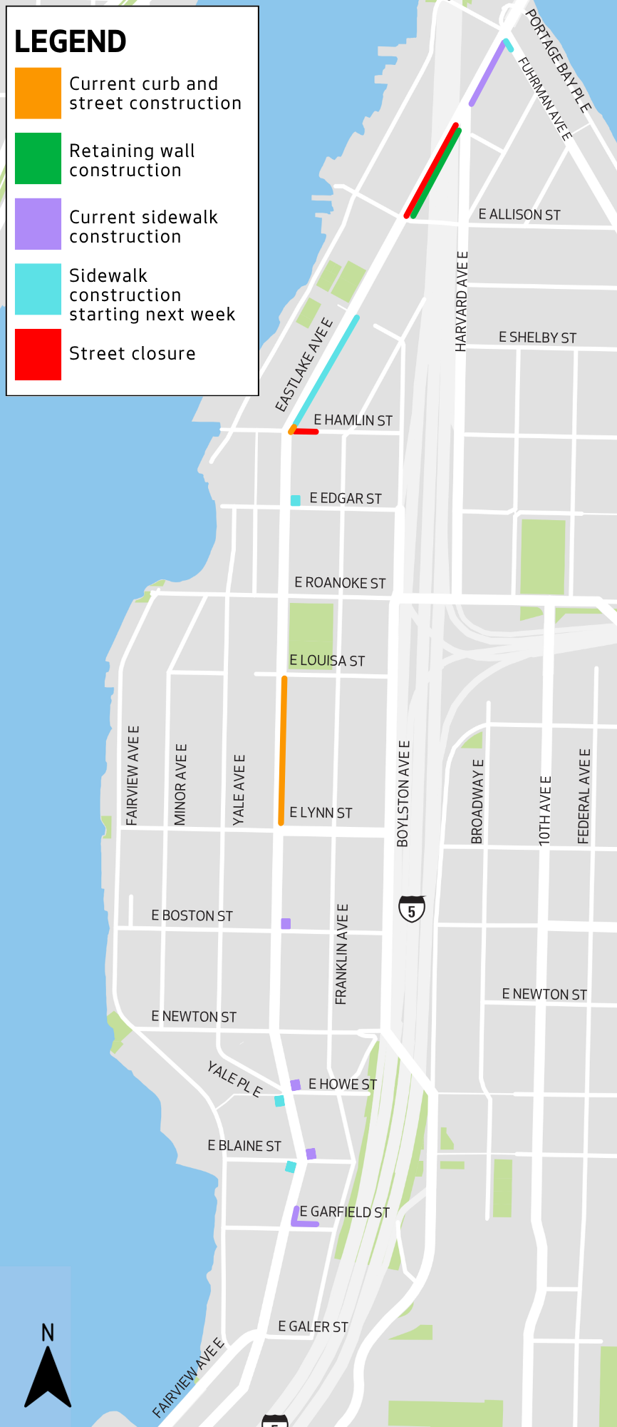 Map shows the various work zones along Eastlake Ave E 