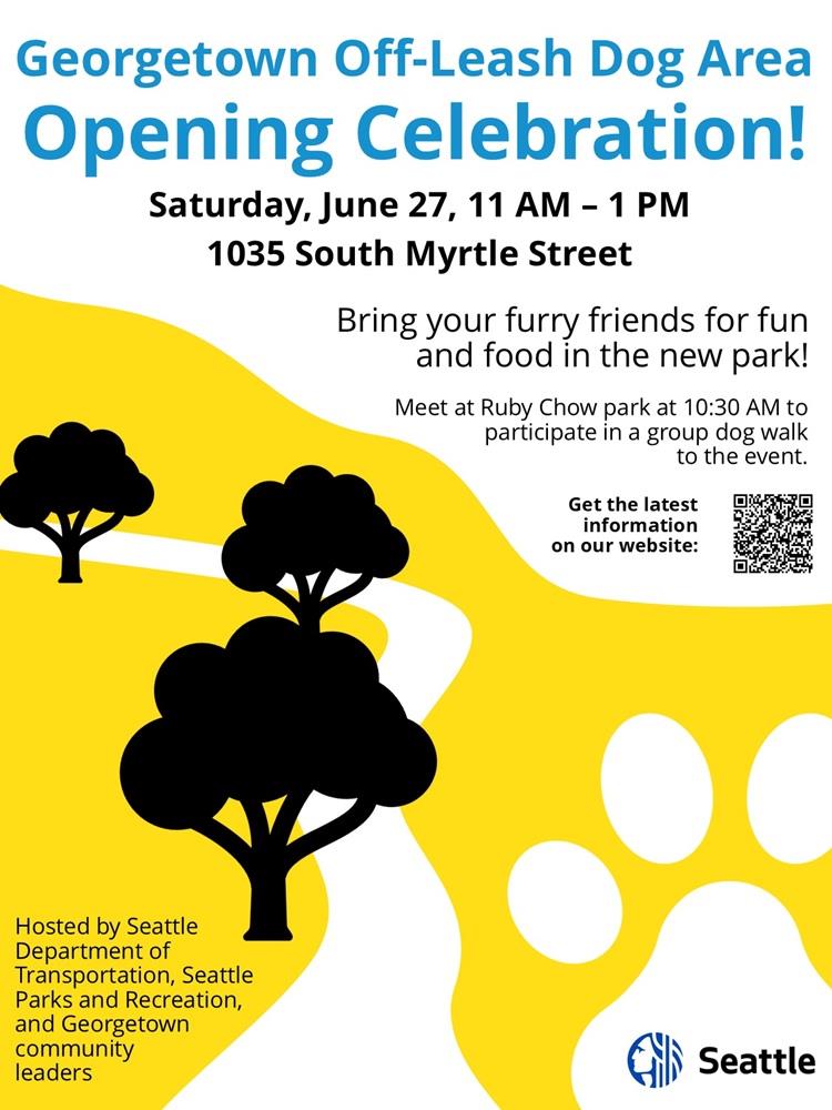 The image is of a poster advertising the opening event of the off-leash dog park. 