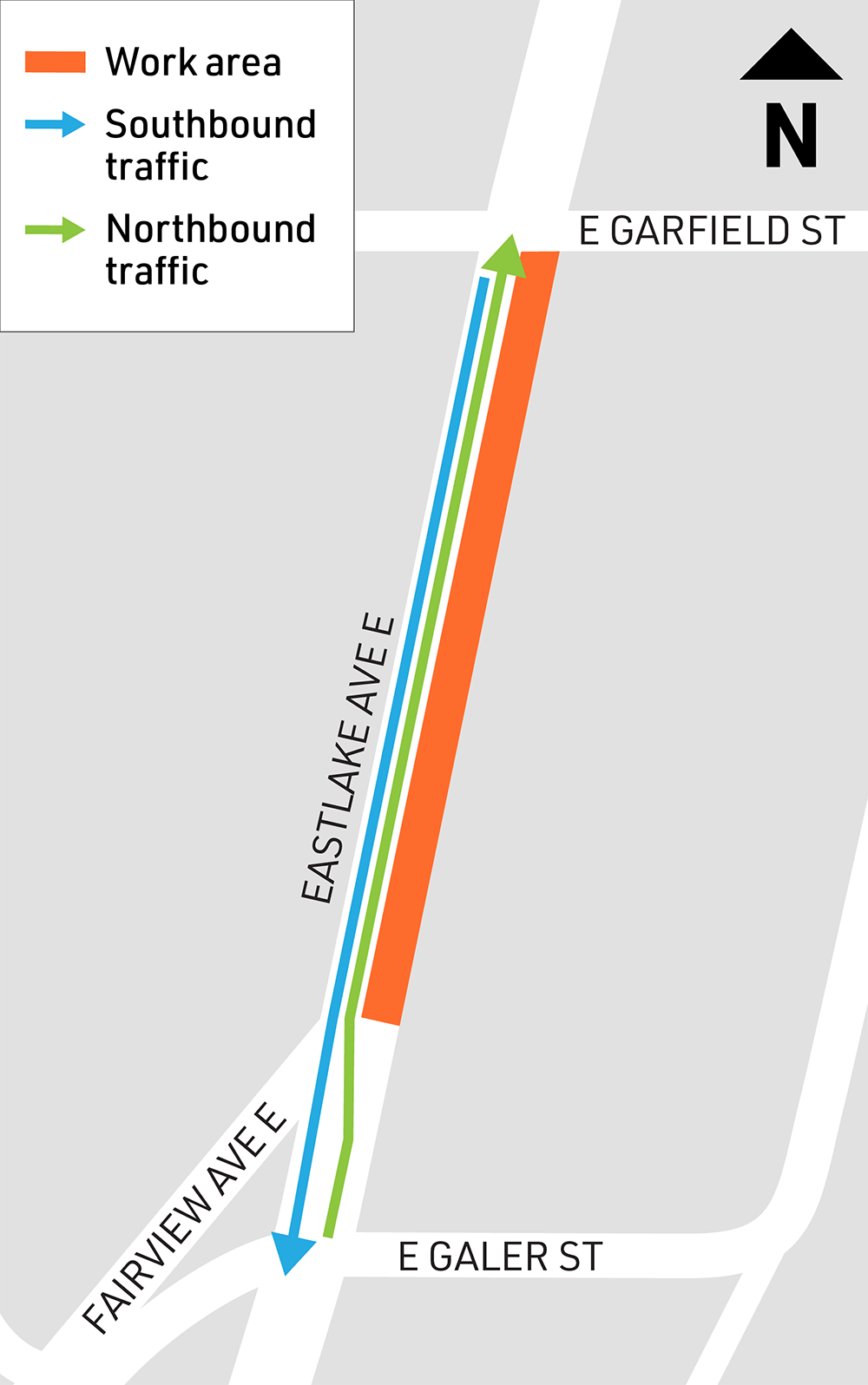Map shows work area between Galer and Garfield
