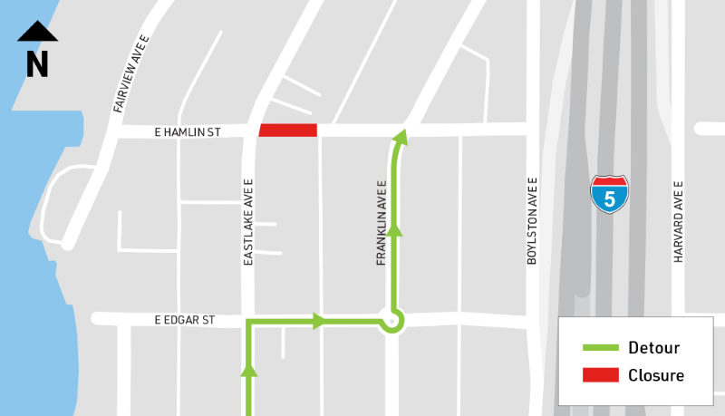Map shows that people travelling north along Eastlake Ave E can take E Edgar St to access E Hamlin during our short-term closure