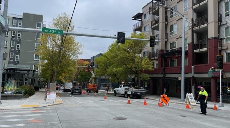 Image shows new signal being prepped for activation at Roosevelt Way NE and NE 43rd St