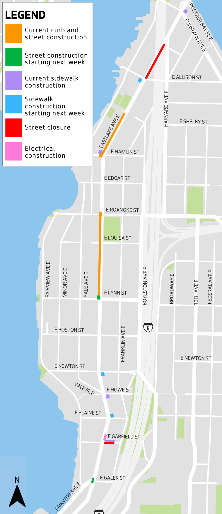 Map shows the various work zones along Eastlake Ave E 