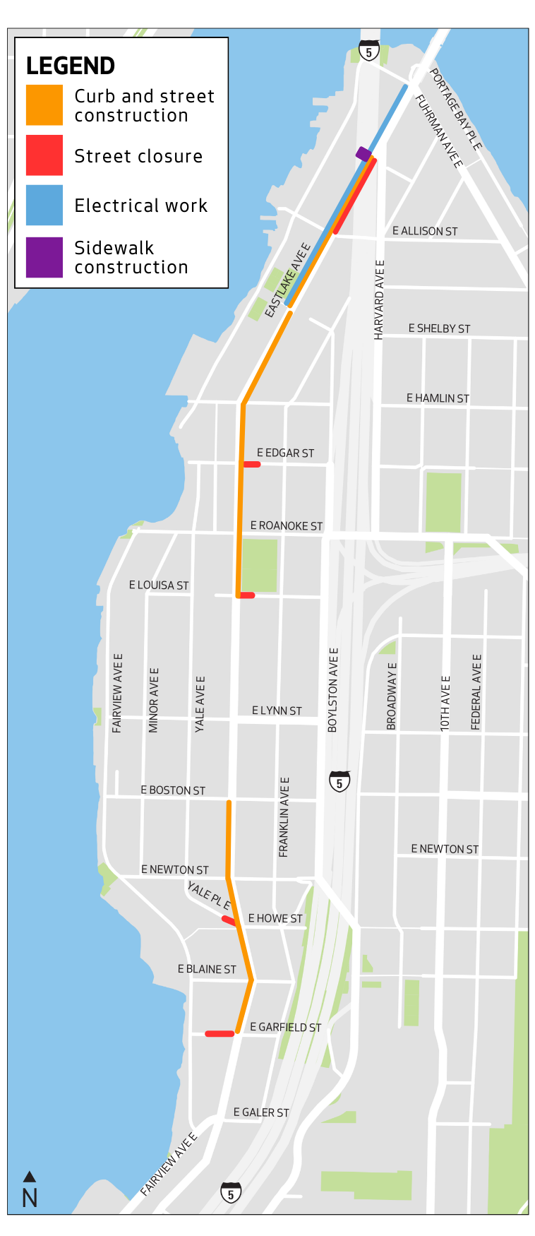 Map of construction work along Eastlake Ave E
