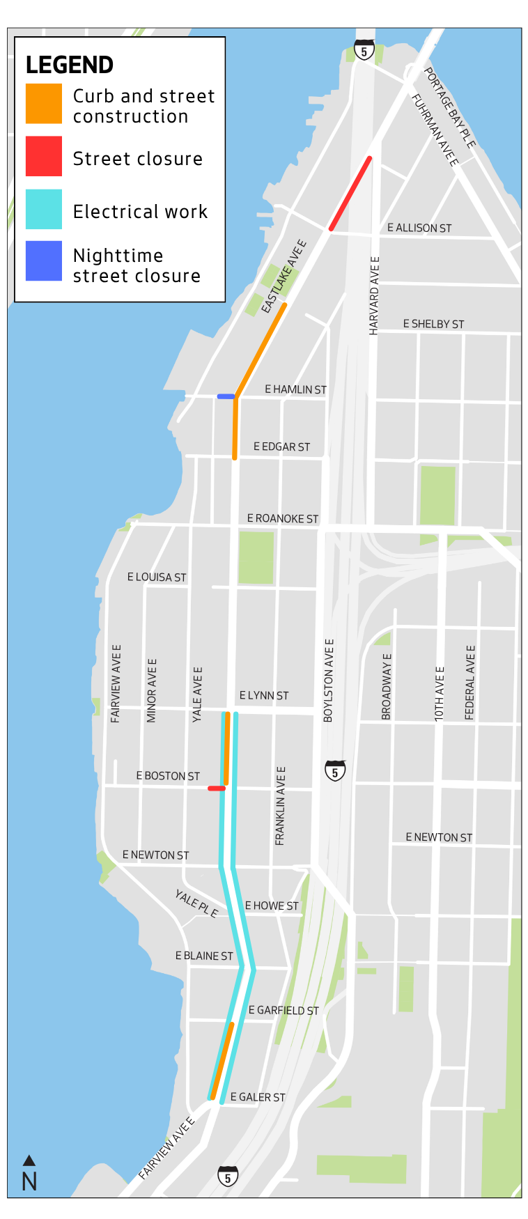 Map shows the areas along Eastlake Ave E where construction is happening.  The three main areas at between Harvard Ave E and E Allison St; E Shelby St and E Edgar St, and finally between E Lynn St and E Galer St. 