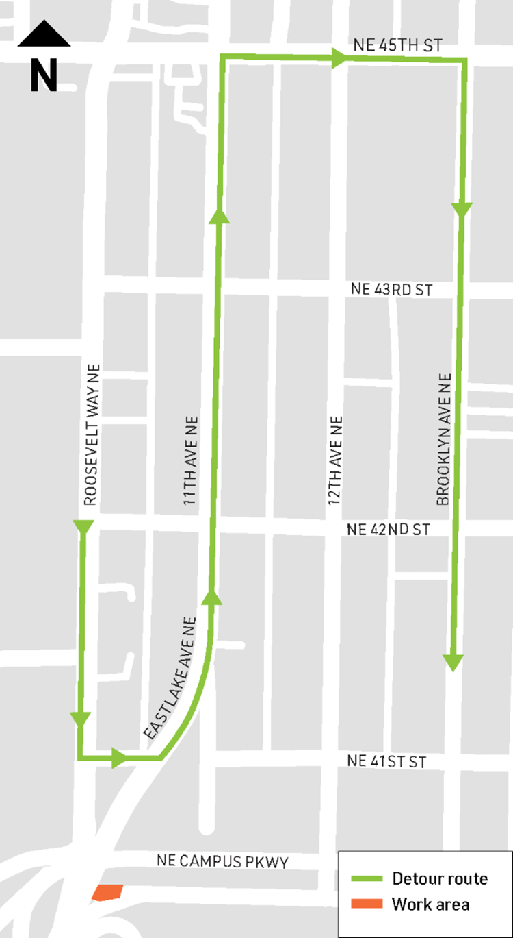 map shows the detour onto NE 41st for those who usually make a left turn from Roosevelt onto NE Campus Parkway