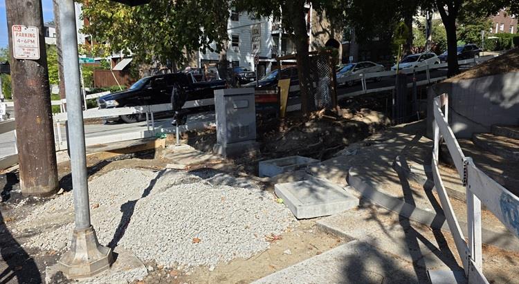 Image shows the corner of E Roanoke St where we are completing the new street surface this weekend and then completing sidewalks 