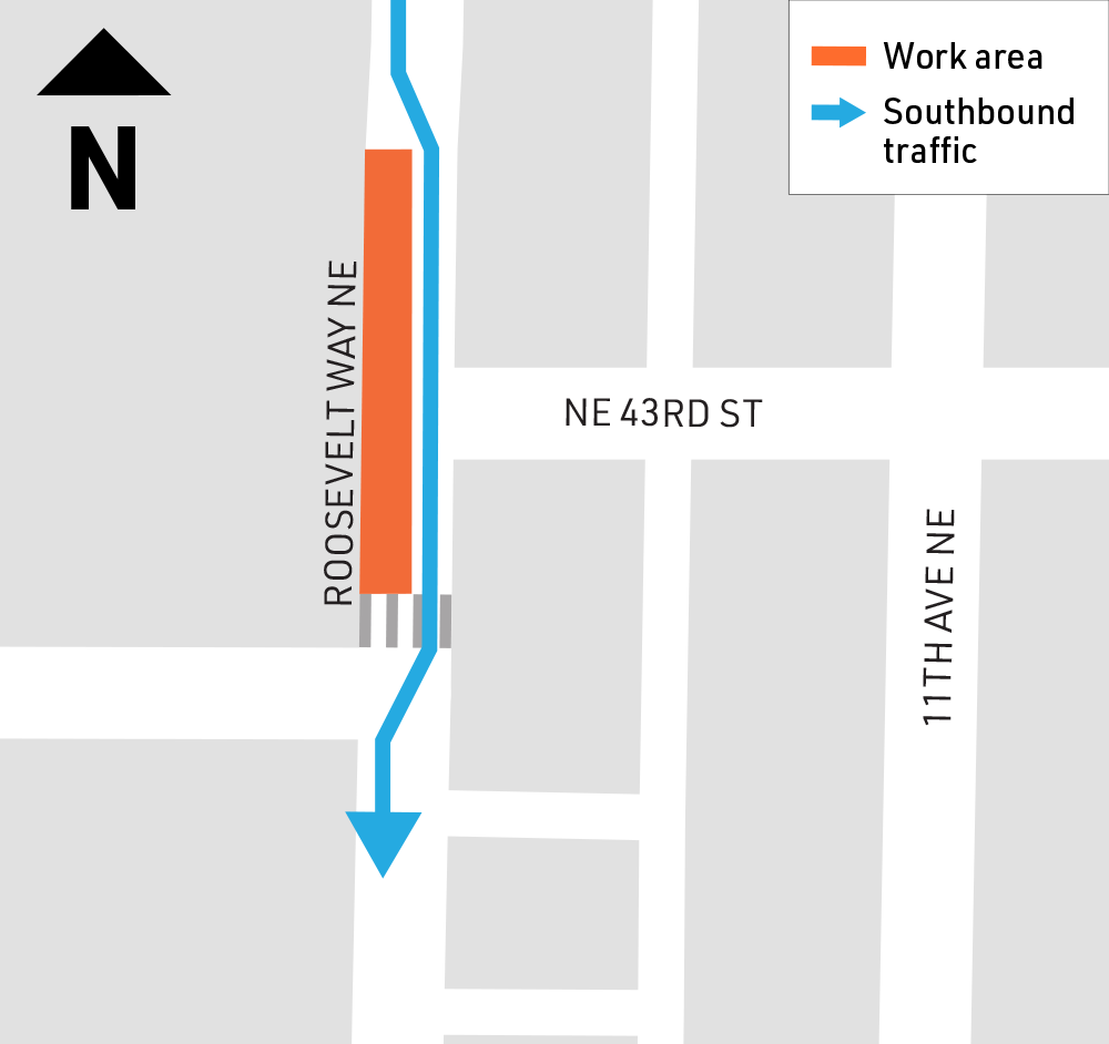 Map of work area on Roosevelt Way NE at NE 43rd 