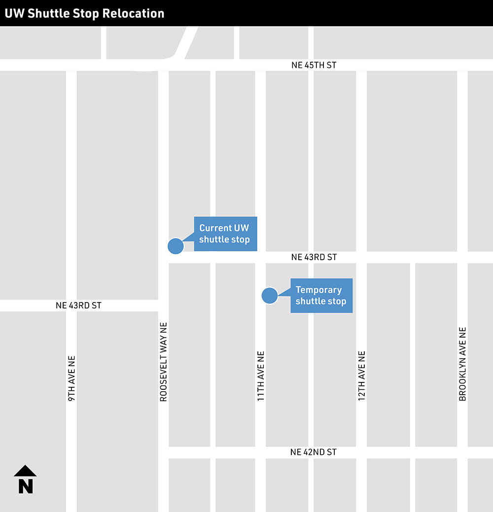 Image shows that we are relocating the shuttle stop from NE 43rd St to 11th Ave NE