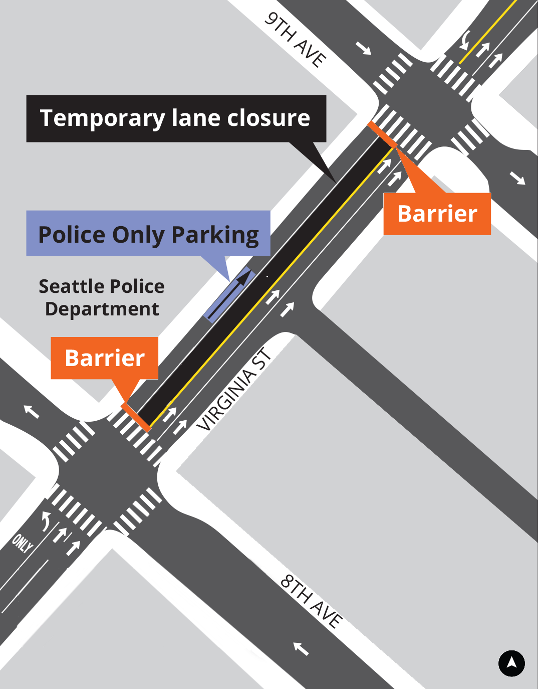 Image shows that we will close the southbound lane on Virginia St between 8th and 9th avenues