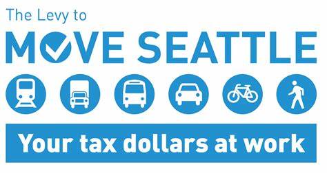 Un gráfico de texto que dice "Impuesto Seattle en Movimiento: El dinero de sus impuestos en funcionamiento"