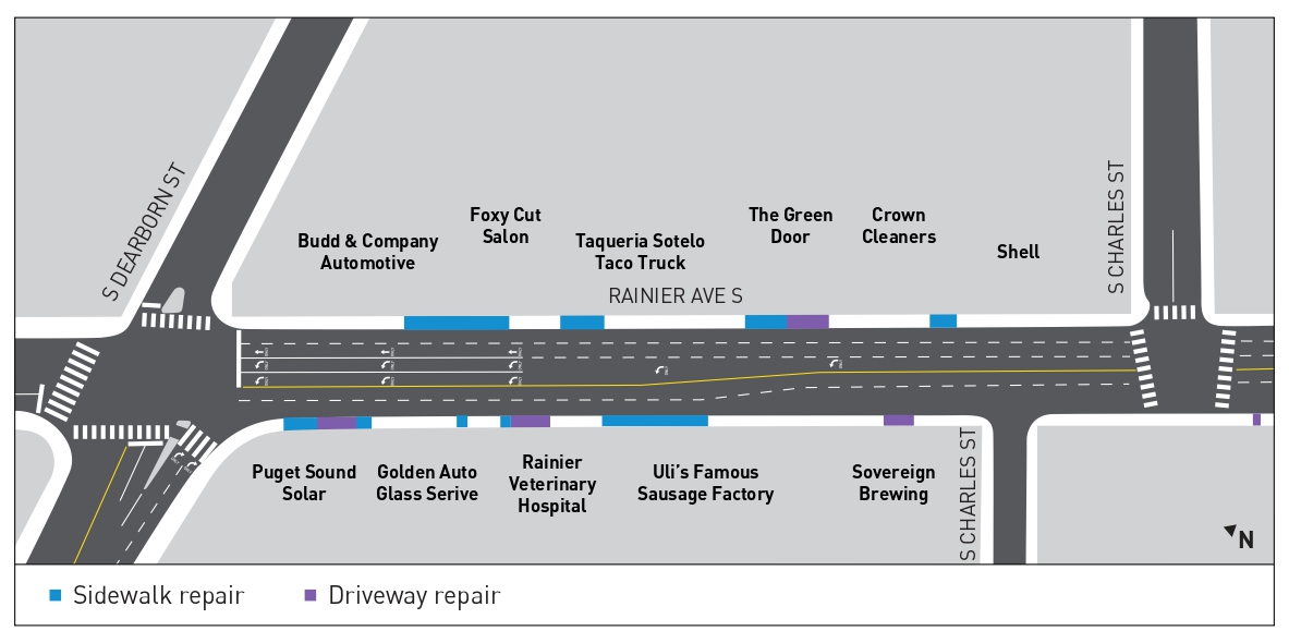 這張地圖顯示了 Rainier Ave S 從 South Dearborn Street 到 South Charles Street 之間路段的新路緣坡道、人行道維修和車道維修的位置