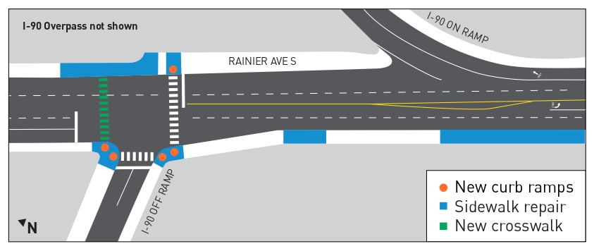 A map showing the location of new curb ramps, sidewalk repairs, and a new crosswalk on Rainier Ave South at the I-90 off ramp.