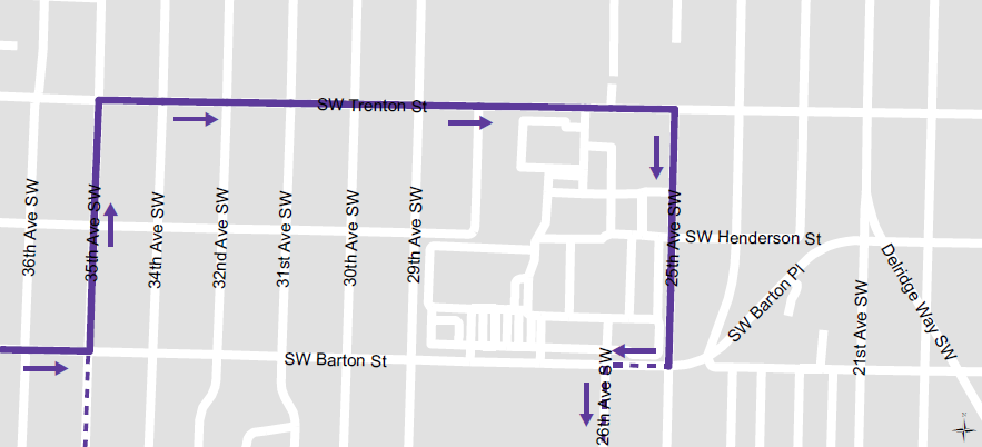 Map of the RapidRide C detour shown with solid purple lines and arrows, travelling from SW Barton, turning north onto 35th Ave SW, then east onto SW Trenton St, and then south again onto 25th Ave SW.&nbsp;
